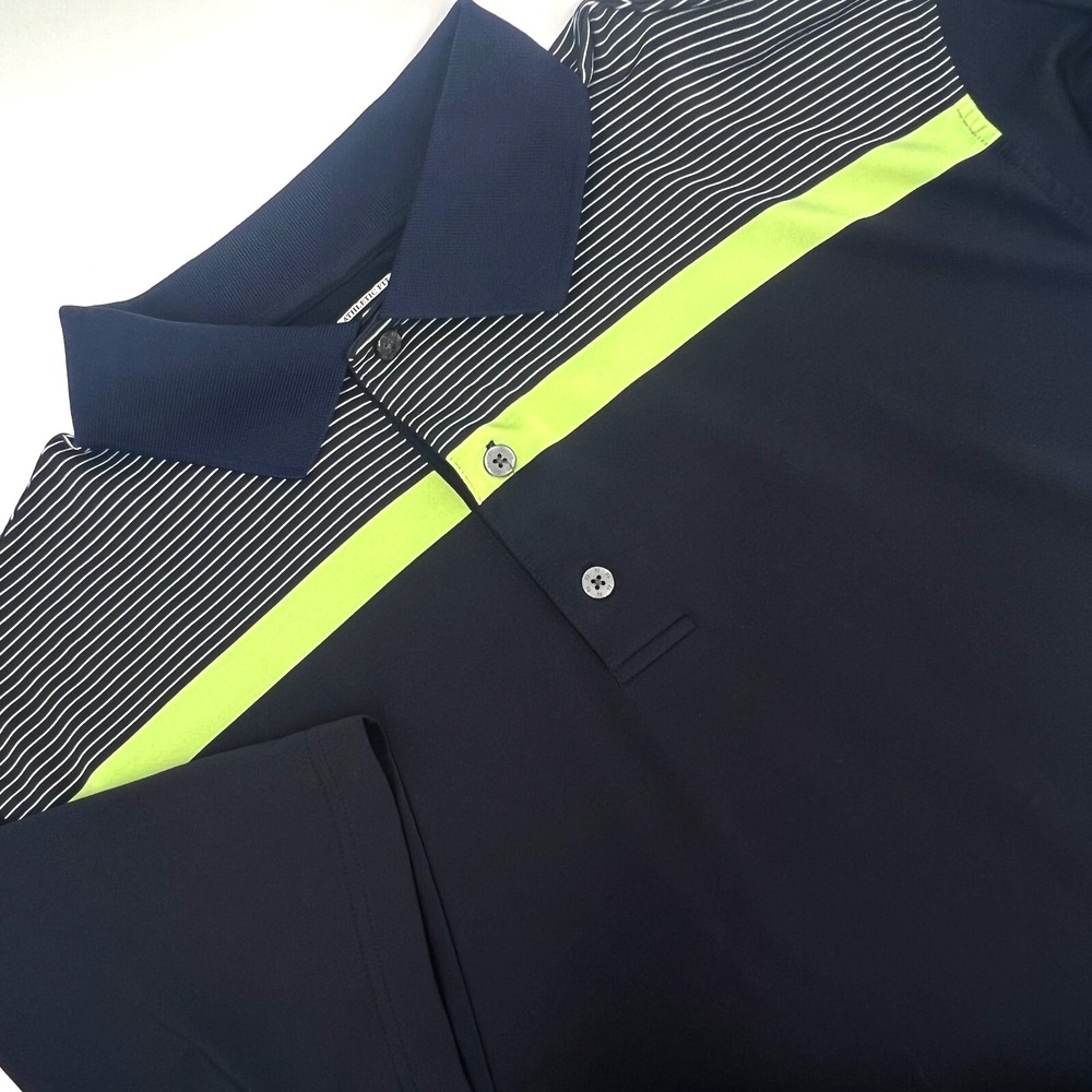 FOOTJOY Men's Sz XL Athletic Fit Navy/Lime Green Striped Short-Sleeve Polo Shirt